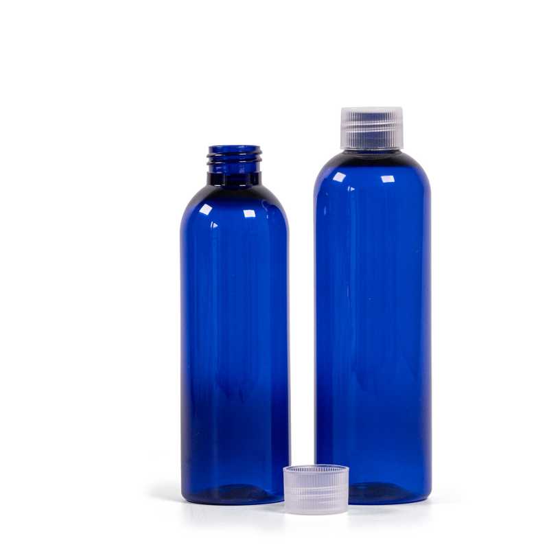 Botella de plástico azul, tapón transparente, 200 ml