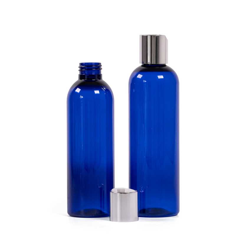 Botella de plástico azul, tapón flip-top plateado, 200 ml