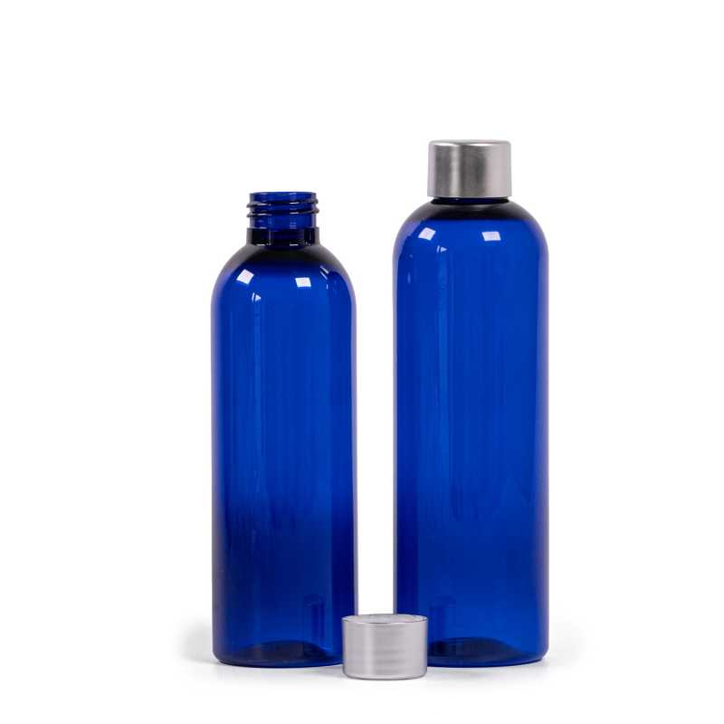 Botella de plástico azul, tapón plateado, 250 ml