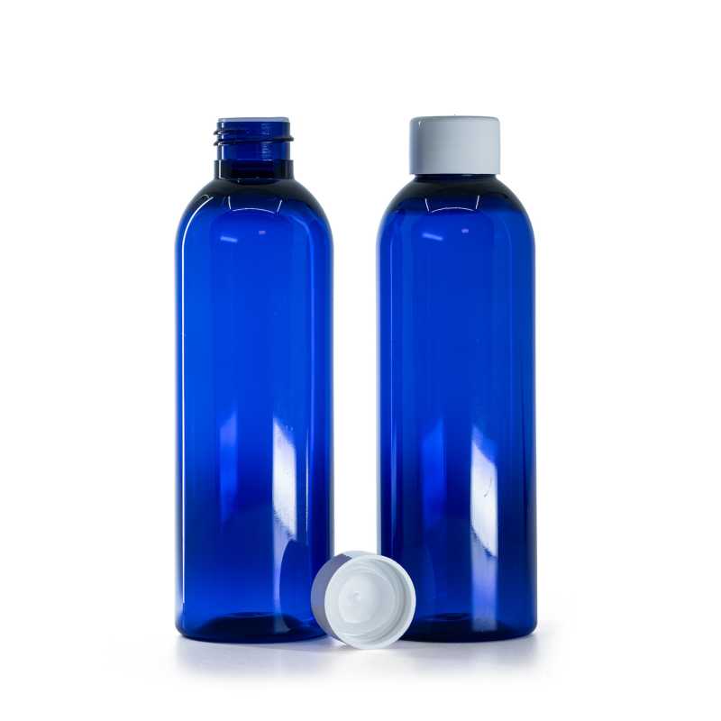 Botella de plástico azul, tapón blanco liso con reductor, 200 ml