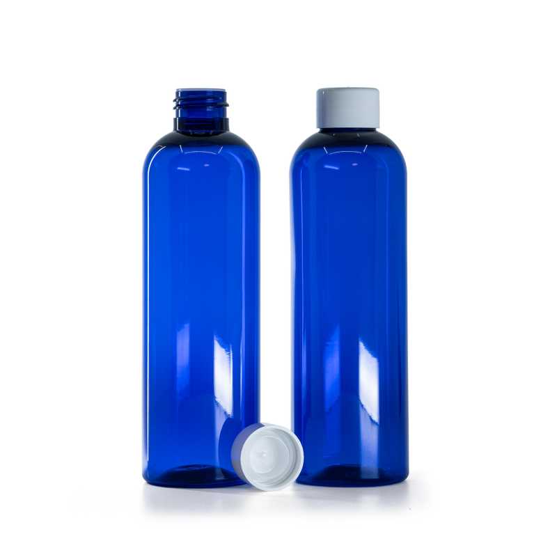 Botella de plástico azul, tapón blanco liso con reductor, 250 ml