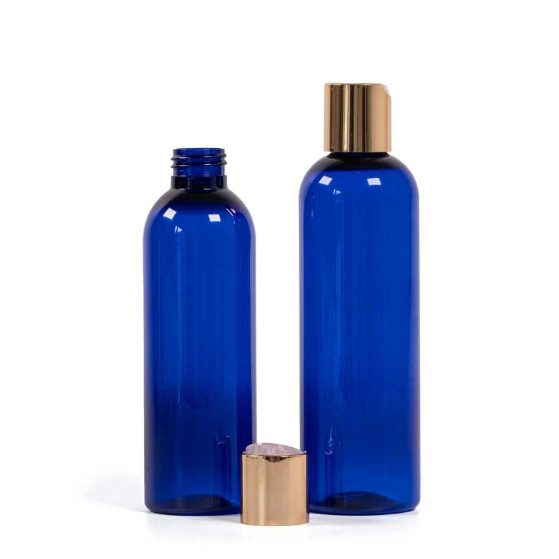 Botella de plástico azul, tapón flip-top dorado, 250 ml