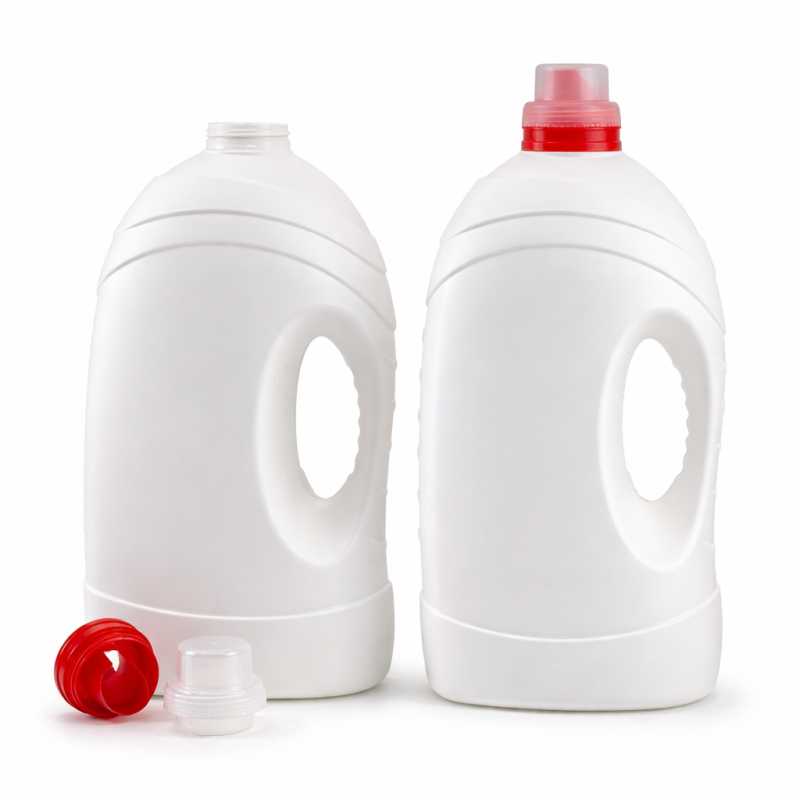 Botella de plástico para suavizante, blanca, 4,9 l, tapón rojo con vertedor