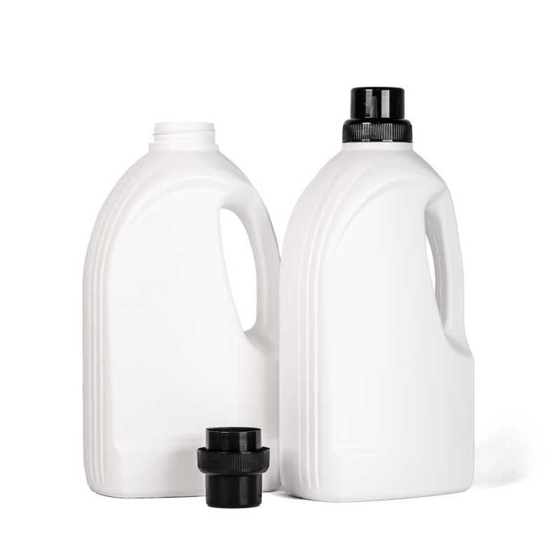 Botella detergente, plástico, blanca, 1,5 l, tapón negro tipo 2