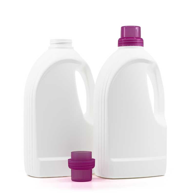 Botella de plástico, detergente, blanca, tapón rosa, 1,5 l