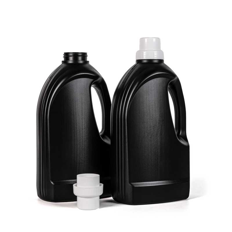 Botella de detergente de plástico, negro, tapón blanco, 1,5 l
