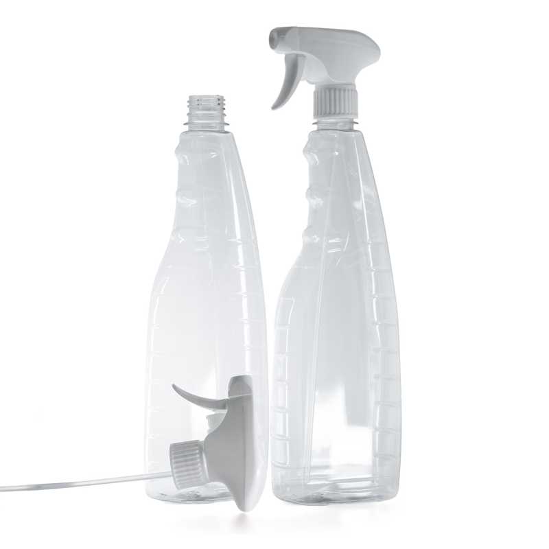 Botella de plástico transparente para detergentes, pulverizador de gatillo blanco, 1000 ml