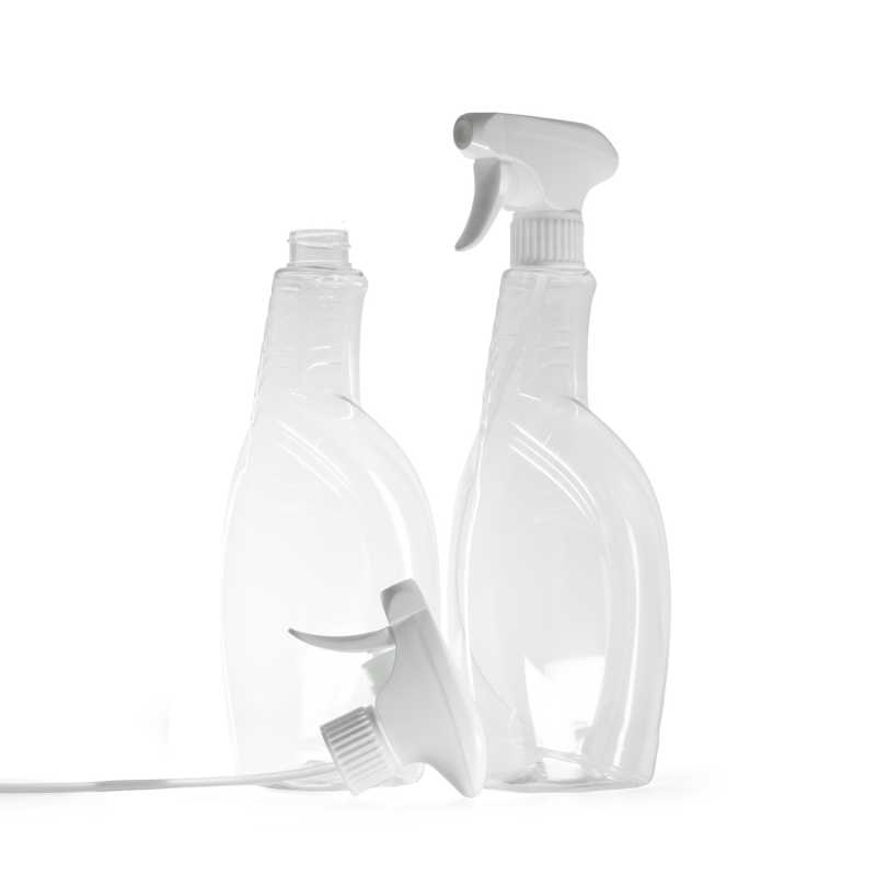 Botella de plástico transparente para detergentes, pulverizador de gatillo blanco, 750 ml