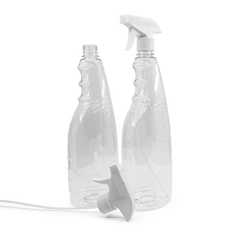 Botella de plástico transparente para detergentes, pulverizador blanco, 1 l