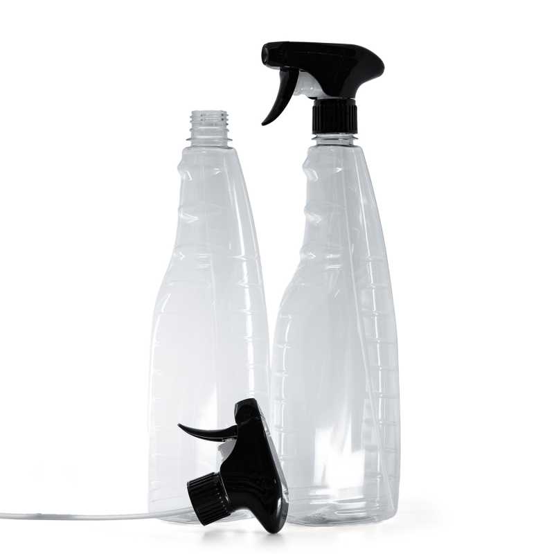 Botella de plástico transparente para detergentes, pulverizador de gatillo negro, 1000 ml
