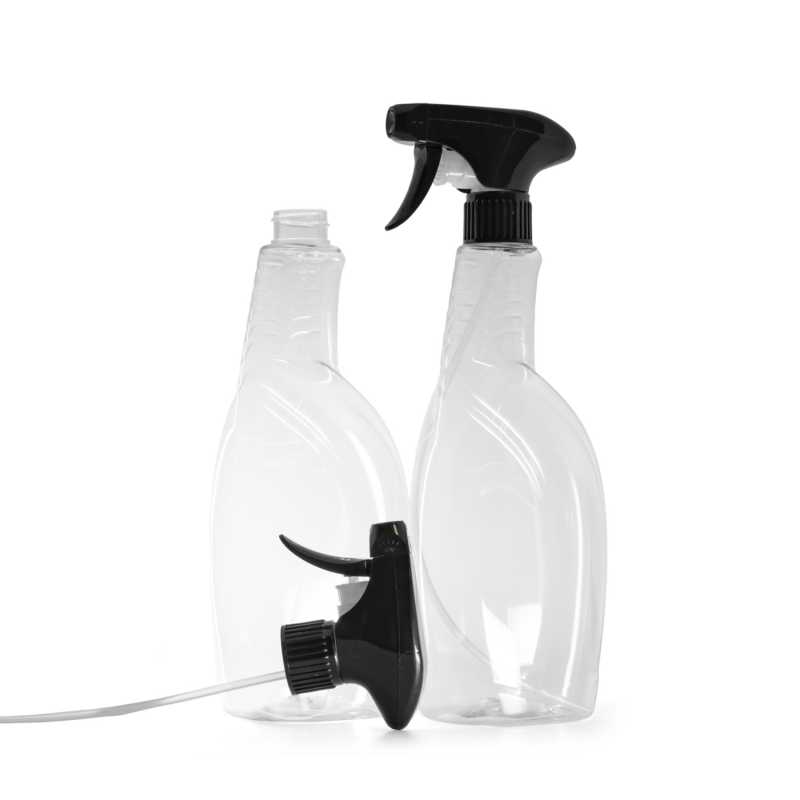 Botella de detergente de plástico transparente, pulverizador de gatillo negro, 750 ml