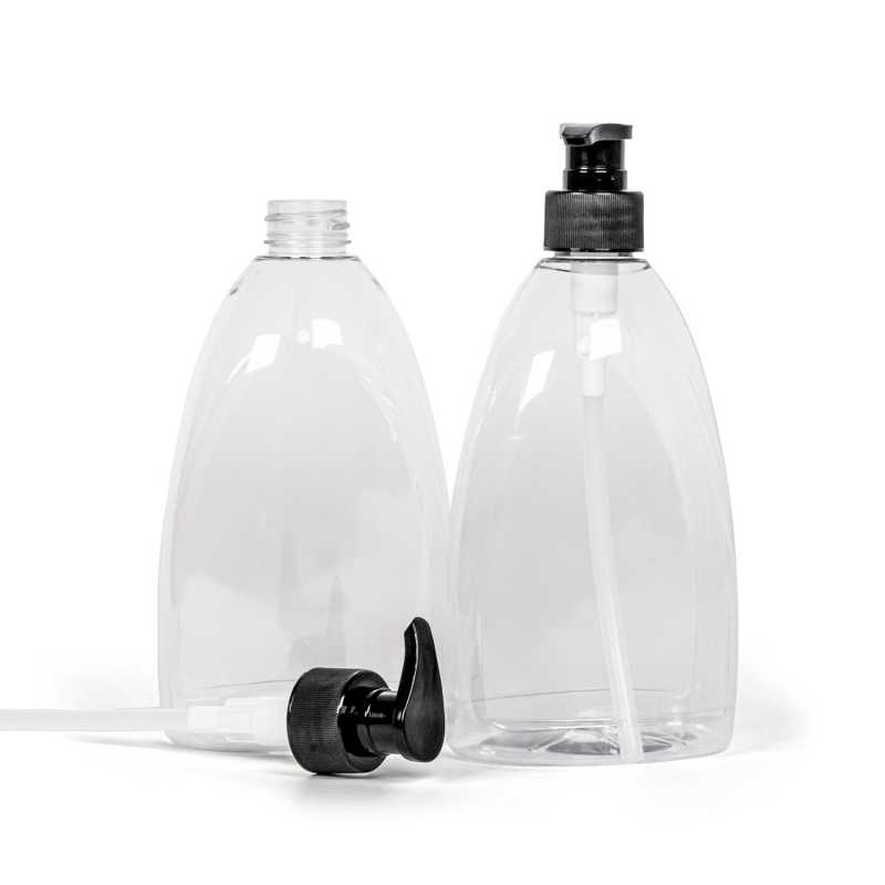 Botella de plástico para jabón, transparente, bomba de plástico negra, 500 ml