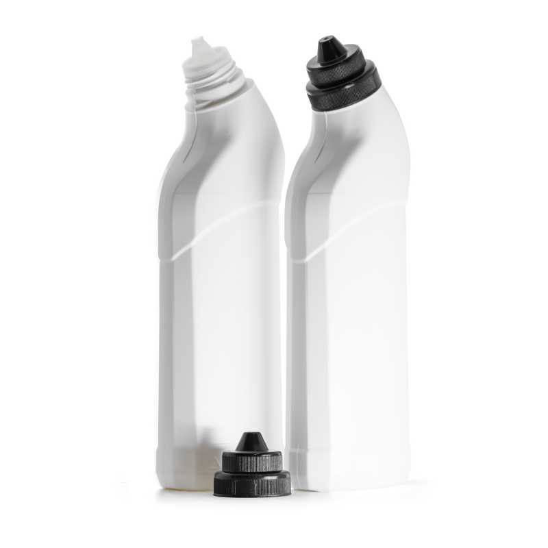 Botella plástica, limpiador de inodoro, blanca, tira de visión transparente, tapón negro, 750 ml