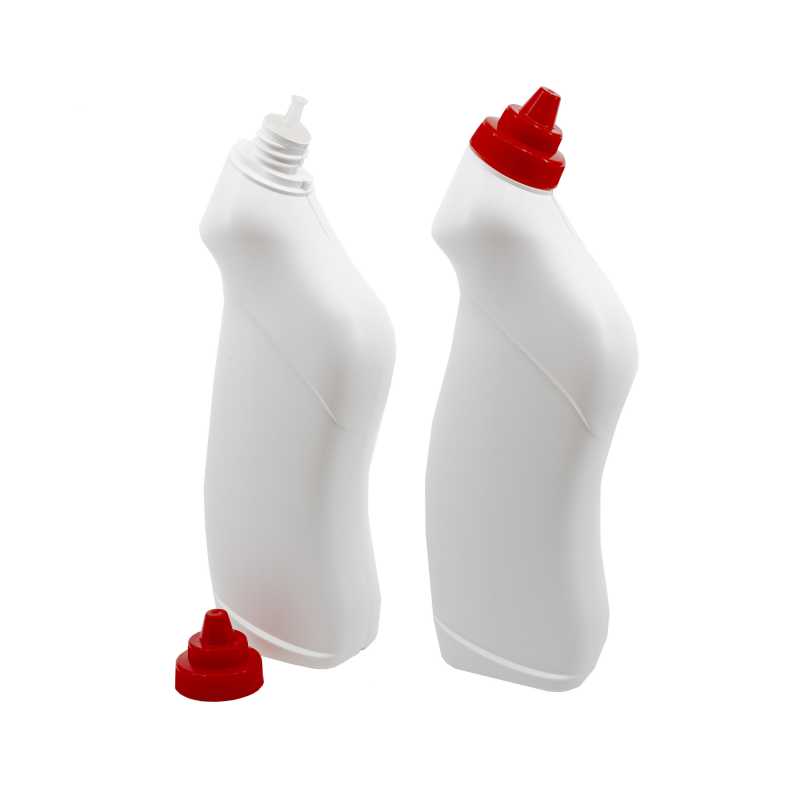 Botella plástica para limpiador de WC, blanca, tapón rojo, 750 ml