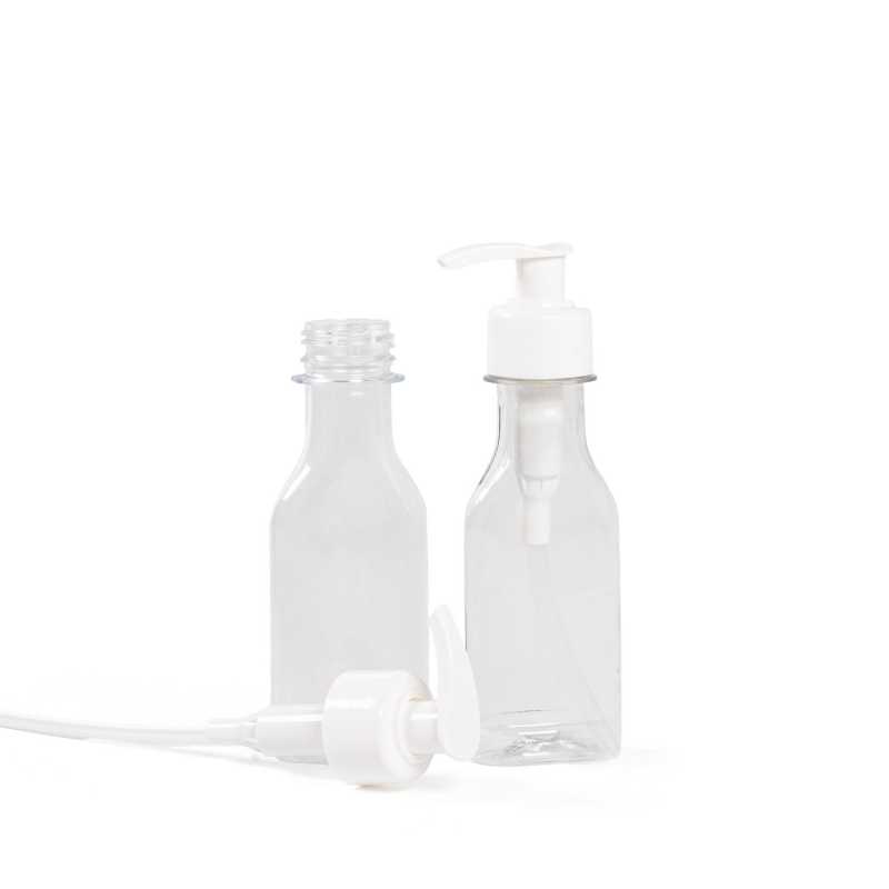 Frasco de plástico plano transparente, bomba lisa blanca, 50 ml