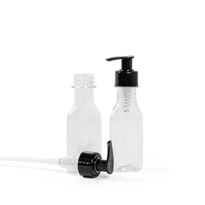Frasco plano de plástico transparente, dispensador negro liso, 50 ml