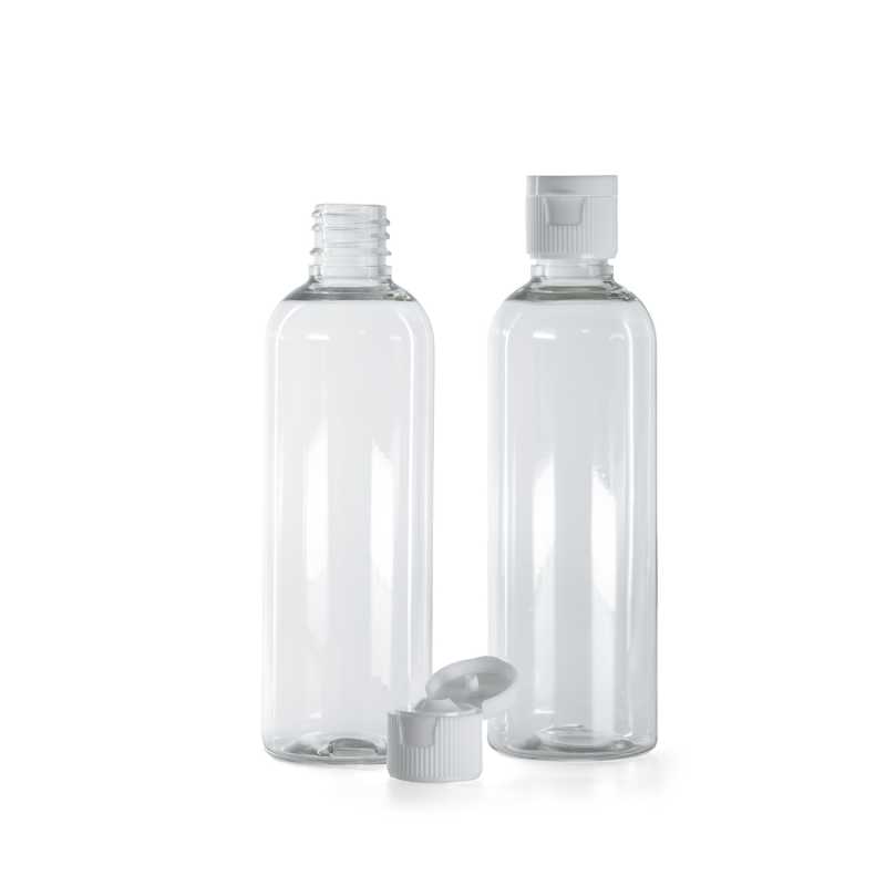 Botella de plástico, transparente, tapón flip top blanco, 100 ml