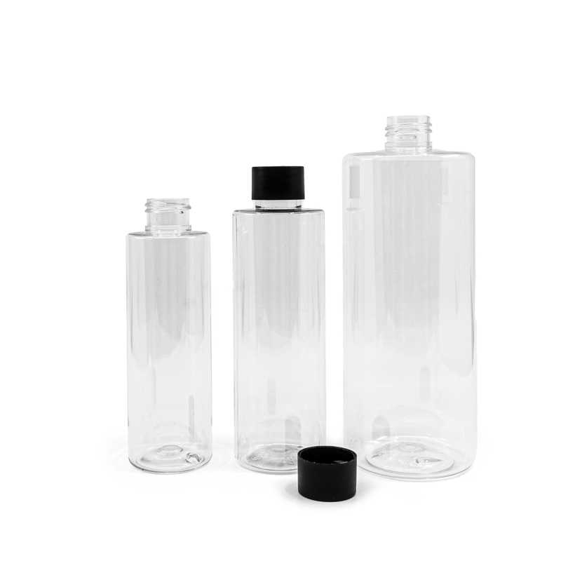 Botella de plástico transparente, 24/410, tapón negro mate, 200 ml