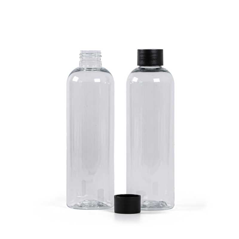 Botella de plástico transparente, 250 ml, tapón negro mate, 24/410