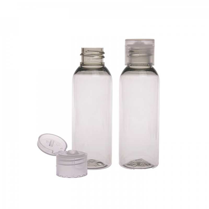 Botella de plástico reciclado, transparente, 50 ml, tapón abatible transparente