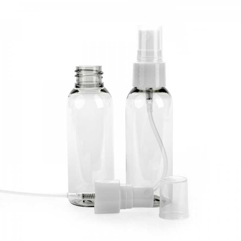 Botella de plástico reciclado, transparente, pulverizador, 50 ml