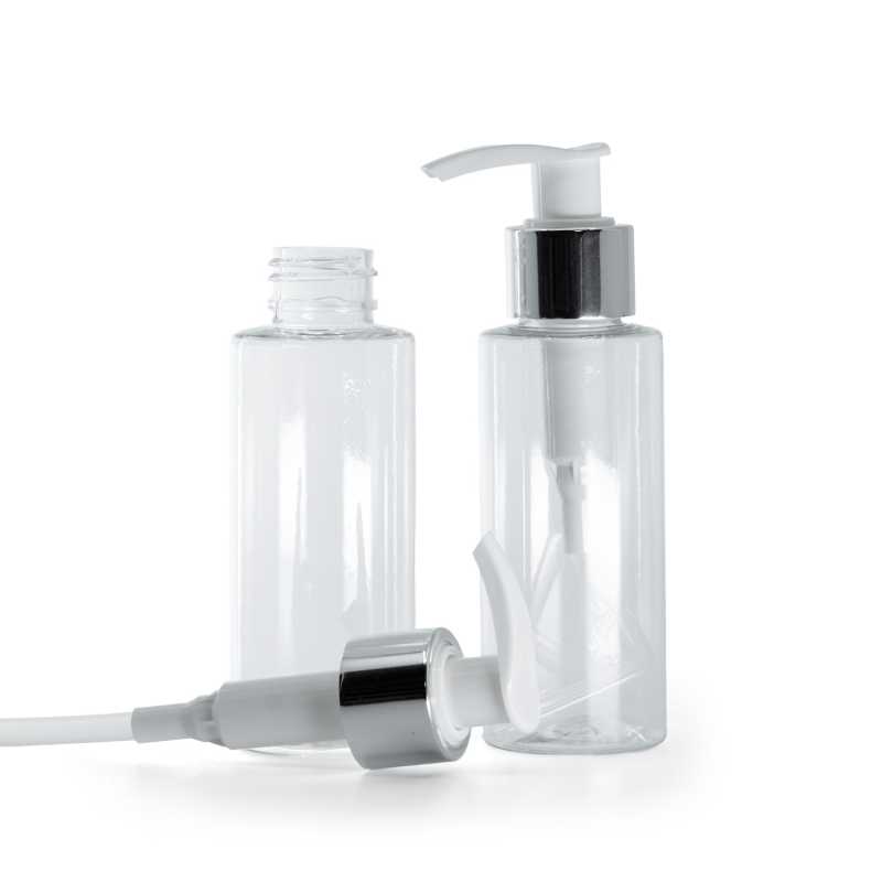 Botella de plástico transparente, bomba loción blanca con cuello plateado brillante, 100 ml
