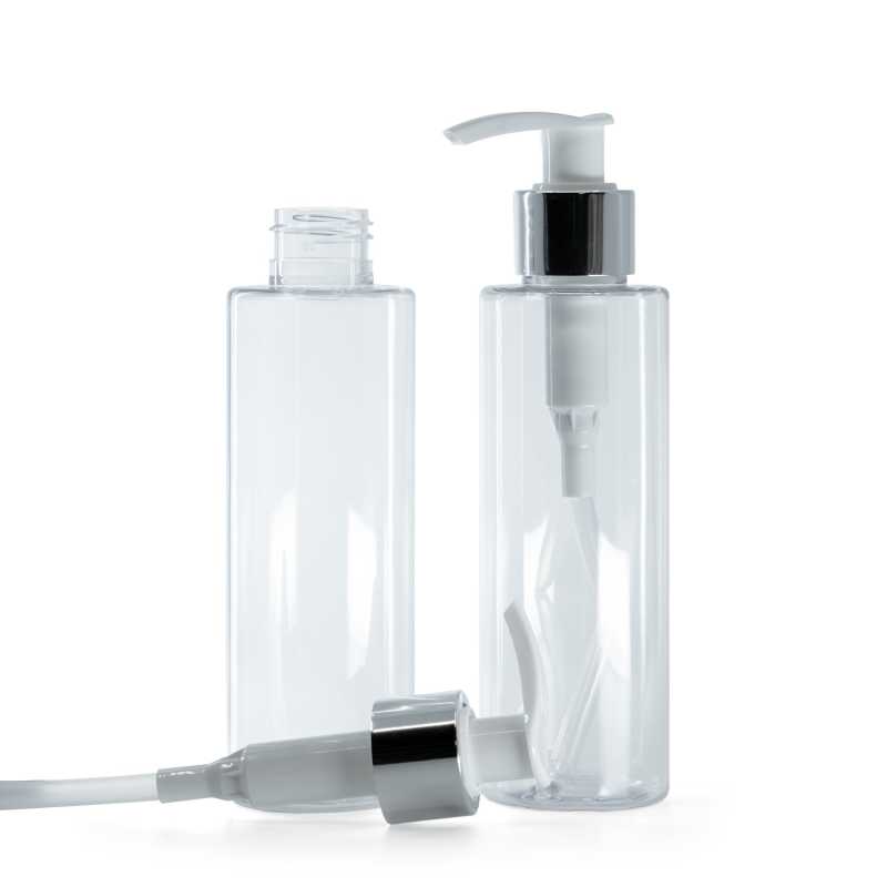 Botella de plástico transparente, dispensador blanco con anillo plateado brillante, 150 ml