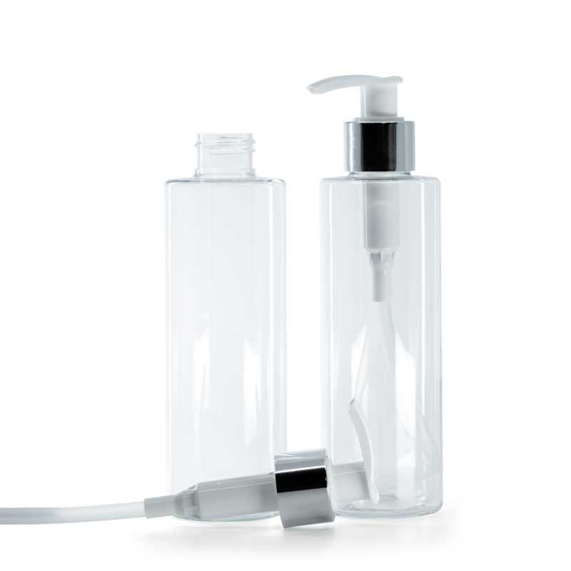 Botella de plástico transparente, dispensador blanco con anillo plateado brillante, 200 ml