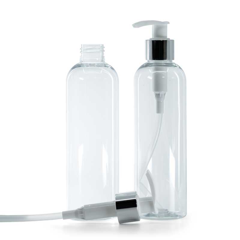 Botella de plástico transparente, dosificador blanco, 250 ml