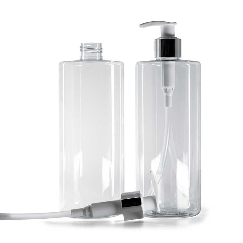Botella de plástico transparente, dispensador blanco con cuello plateado brillante, 500 ml