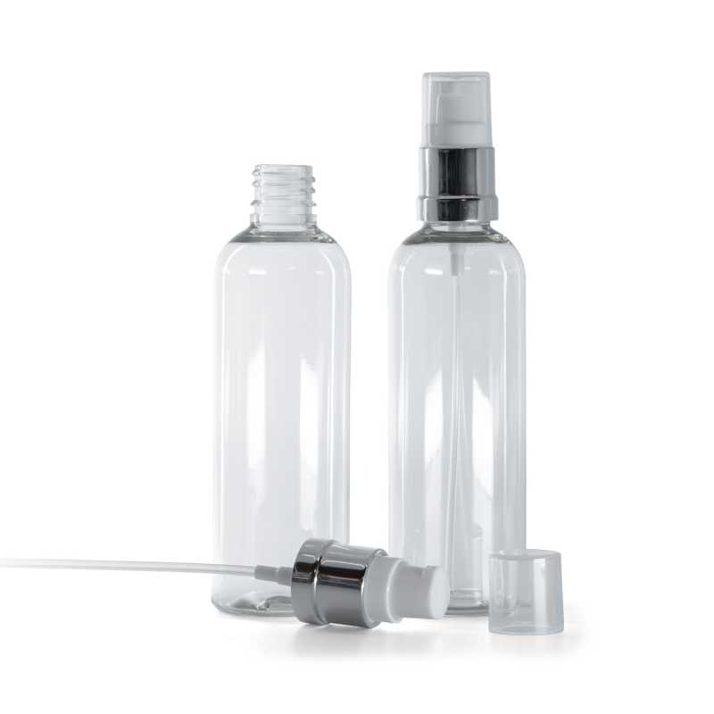 Botella de plástico, transparente, bomba blanca plateada brillante, 100 ml