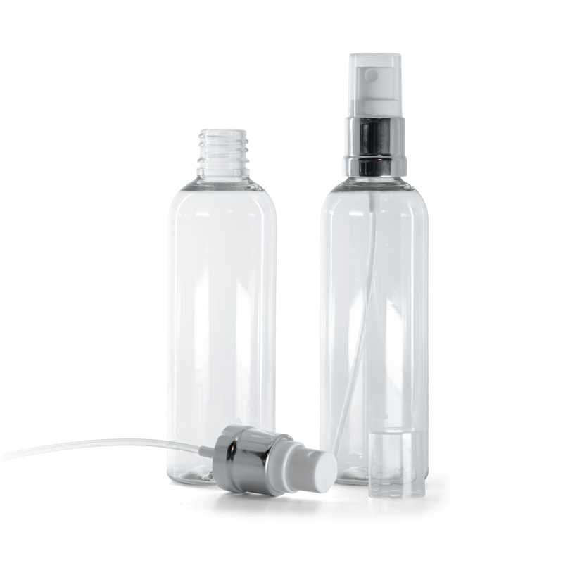Botella de plástico transparente, pulverizador blanco plateado, 100 ml