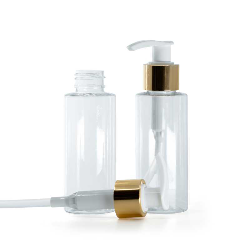 Frasco de plástico transparente, bomba blanca con anillo dorado brillante, 100 ml