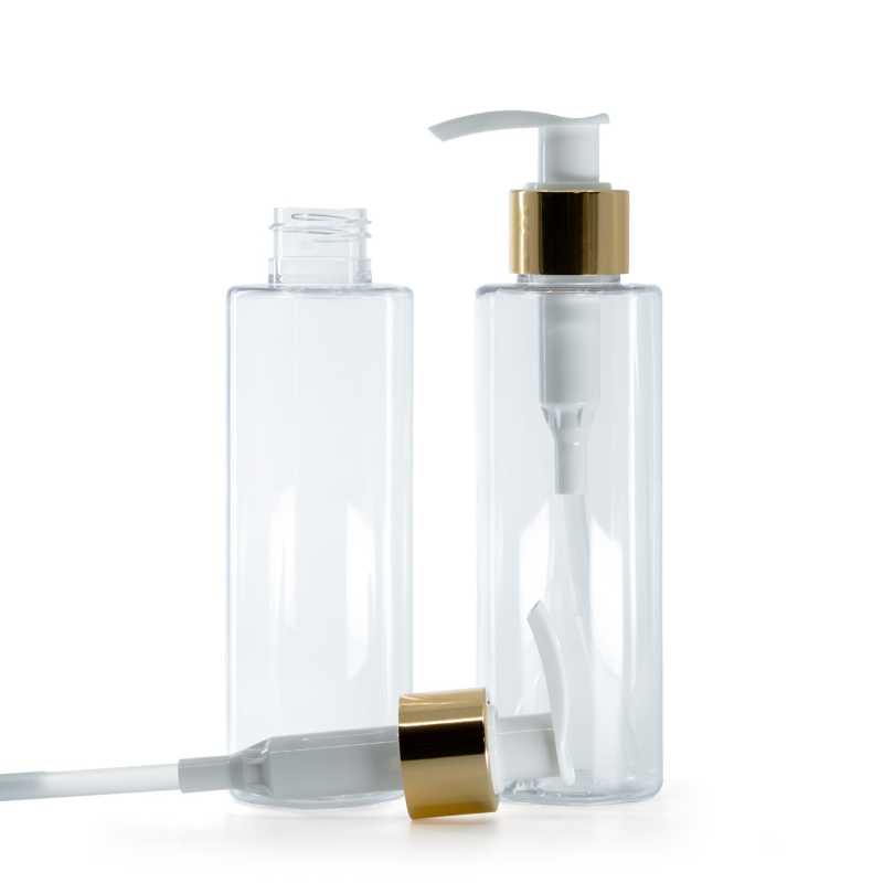 Botella de plástico transparente, bomba loción blanca con cuello dorado brillante, 150 ml
