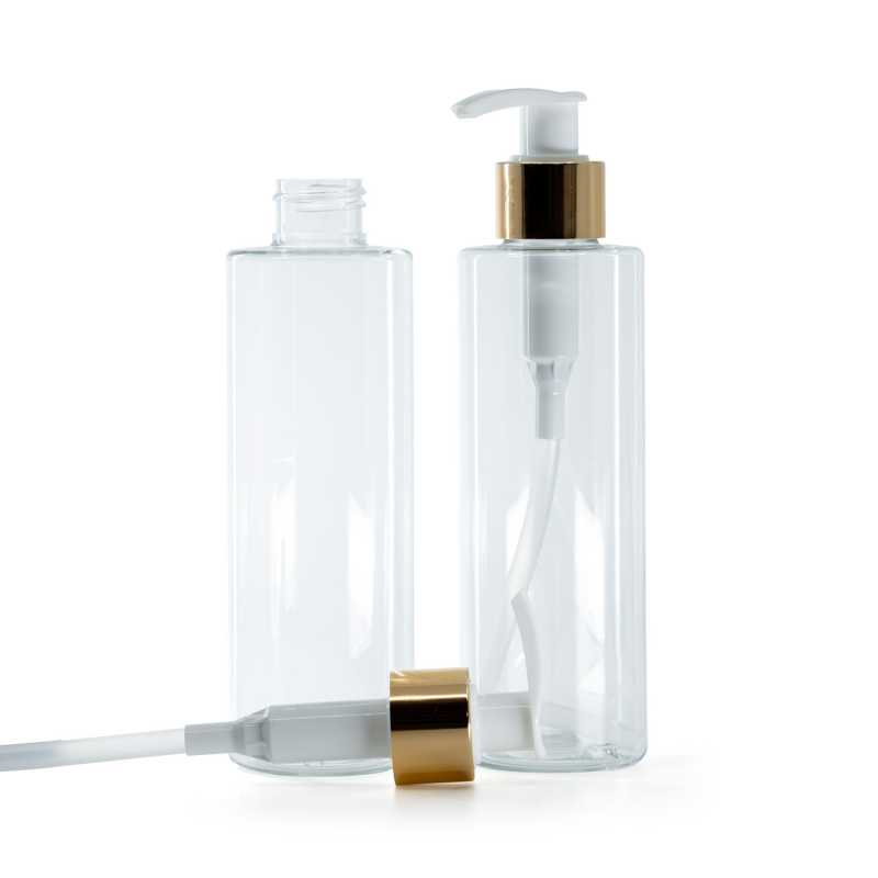 Botella de plástico transparente, bomba blanca con cuello dorado liso, 200 ml