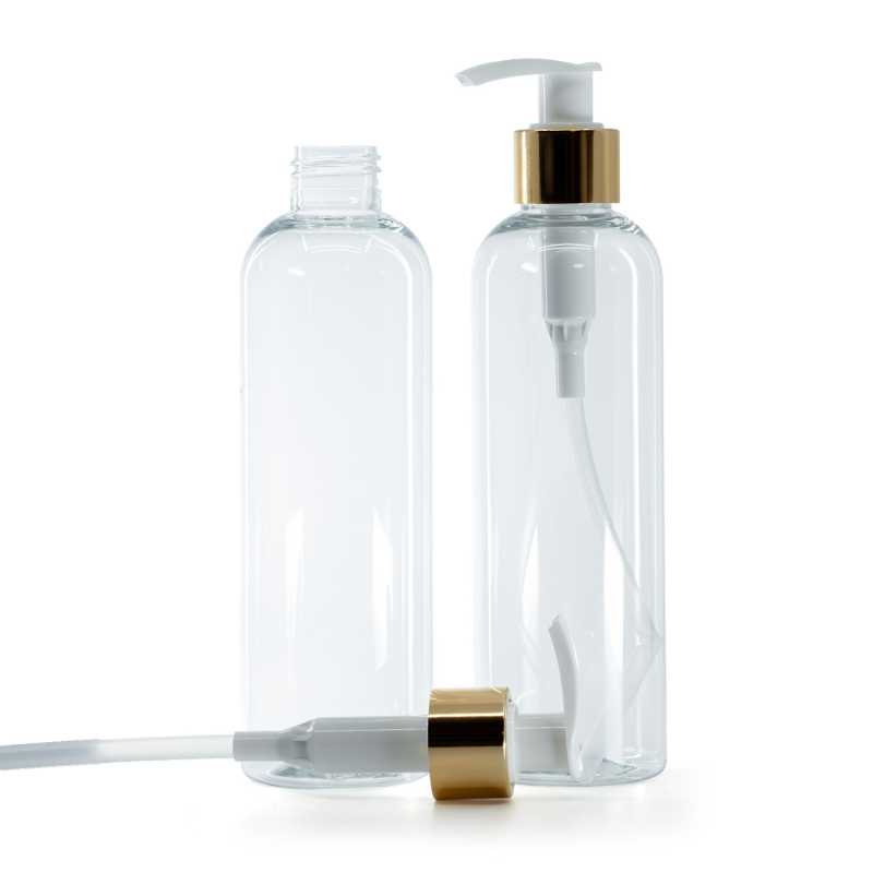 Botella de plástico transparente, dispensador blanco con anillo dorado brillante, 250 ml