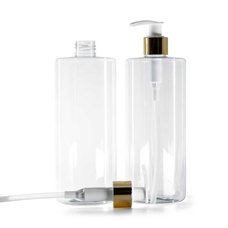 Botella de plástico transparente, bomba para loción blanca, anillo liso dorado, 500 ml