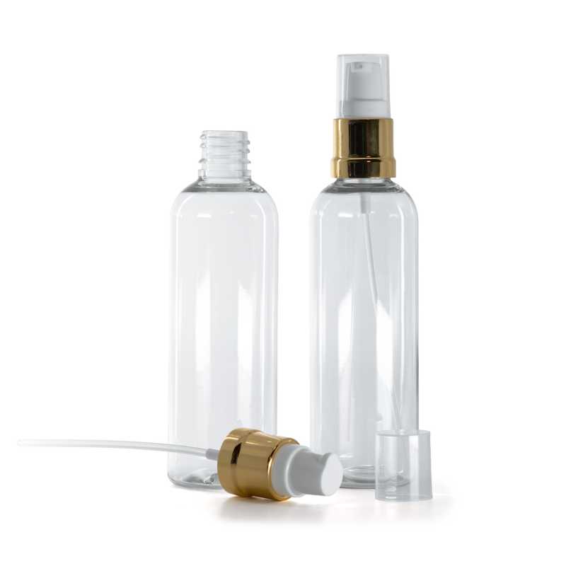 Botella de plástico, transparente, dispensador blanco dorado brillante, 100 ml