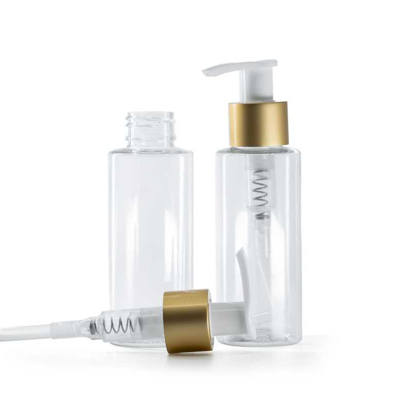 Frasco de plástico transparente, bomba loción blanca con cuello dorado mate, 100 ml