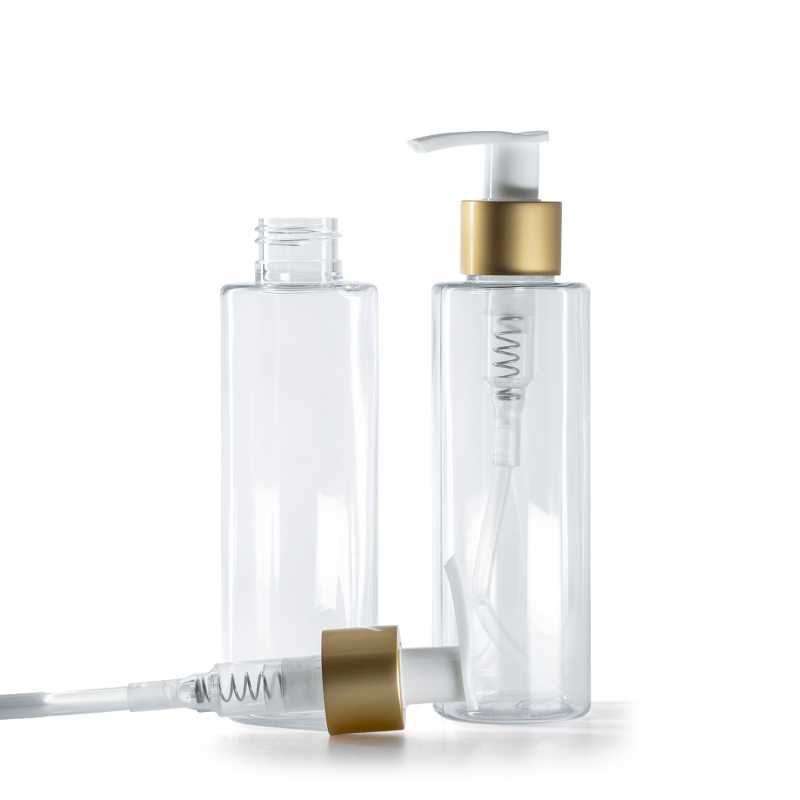 Botella de plástico transparente, dispensador blanco con anillo dorado mate, 150 ml