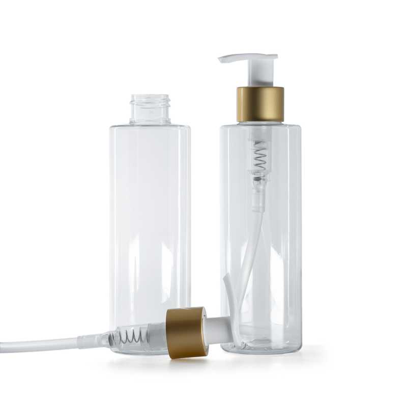 Botella de plástico transparente, bomba blanca con cuello dorado mate, 200 ml