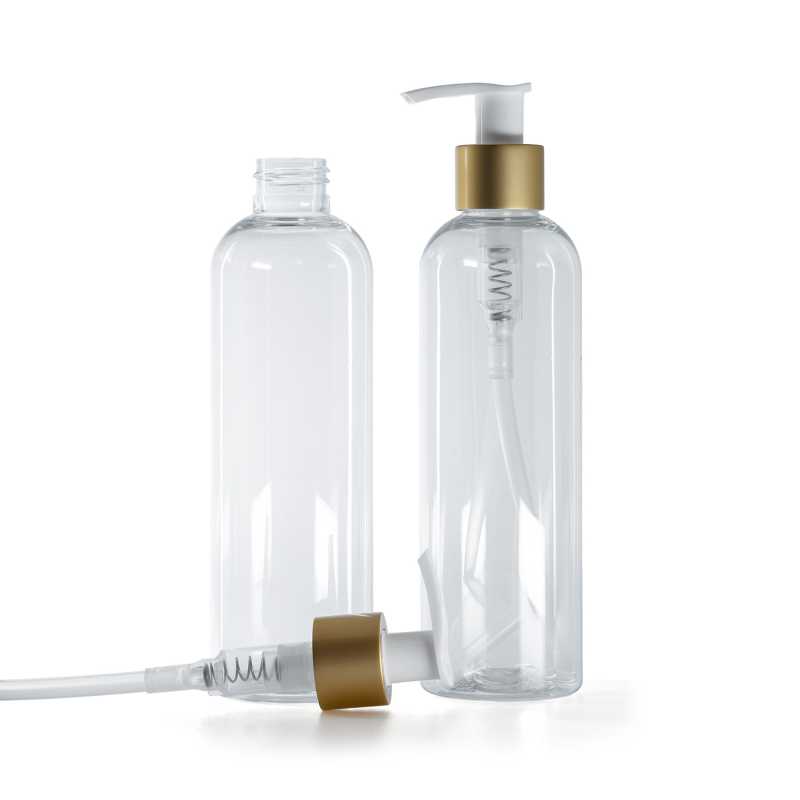 Botella de plástico transparente, bomba blanca con collar dorado mate, 250 ml