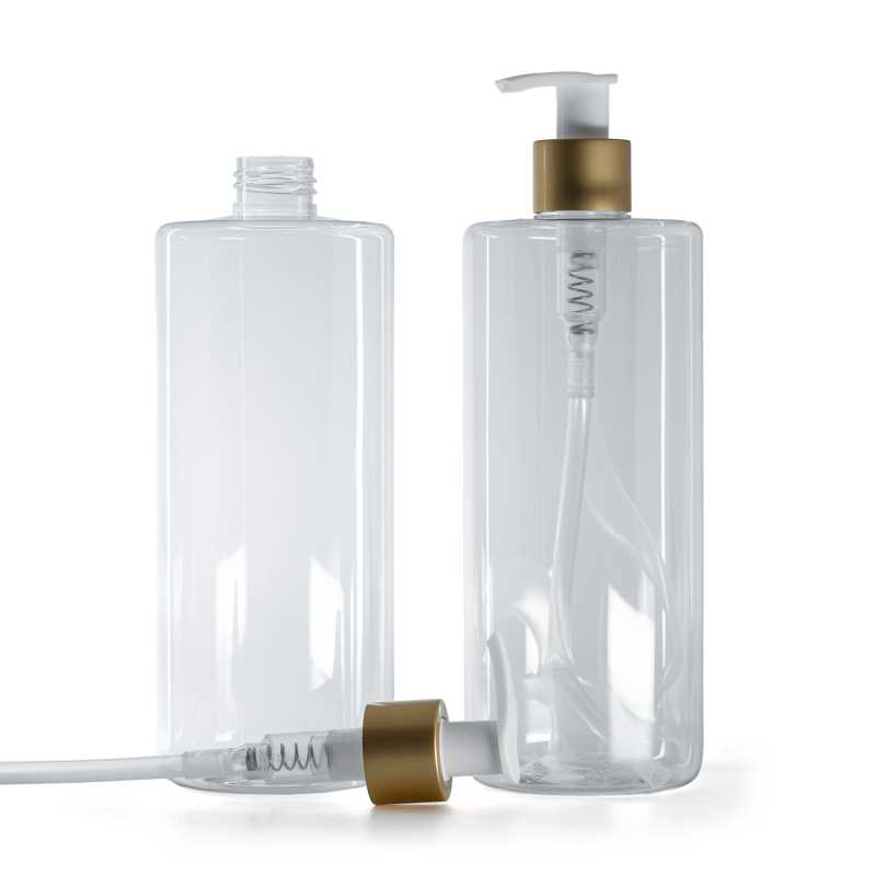 Botella de plástico transparente, dispensador blanco con anillo dorado mate, 500 ml
