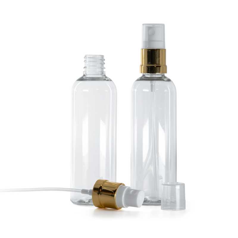 Botella de plástico transparente, pulverizador blanco dorado, 100 ml