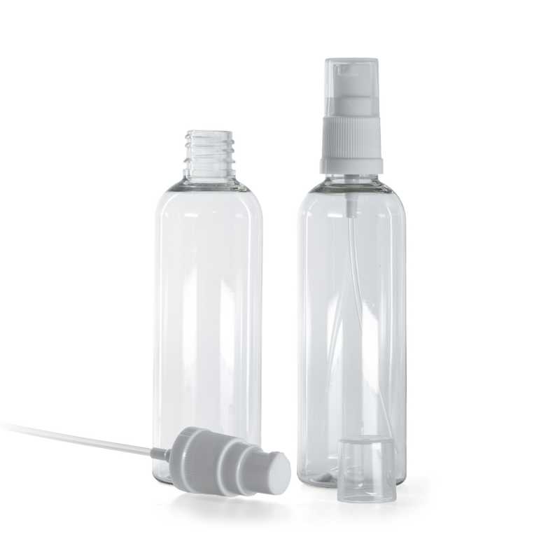 Botella de plástico, transparente, dispensador blanco, 100 ml