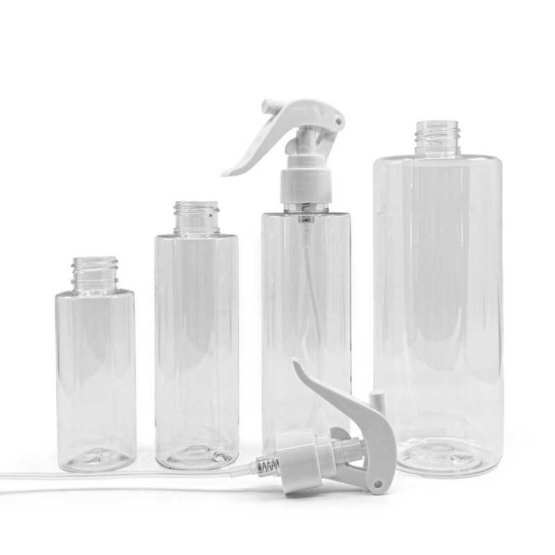 Botella de plástico transparente, pulverizador de gatillo blanco, 150 ml