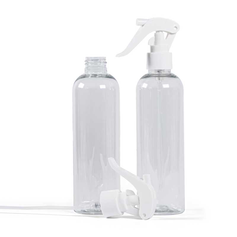 Botella de plástico transparente, pulverizador de gatillo blanco, 250 ml
