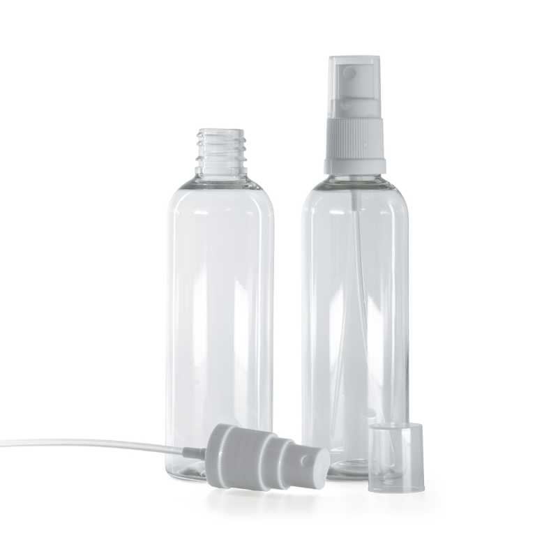 Frasco de plástico transparente, pulverizador blanco, 100 ml