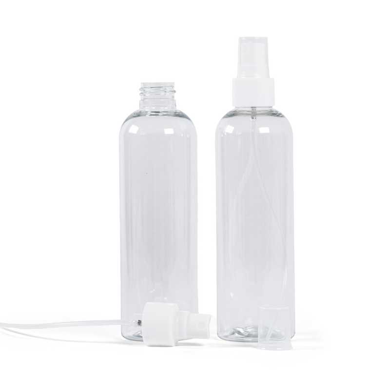 Botella de plástico transparente, pulverizador blanco, 250 ml
