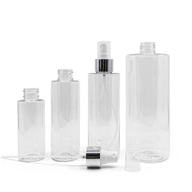 Botella de plástico transparente, pulverizador blanco, anillo plateado brillante, 200 ml